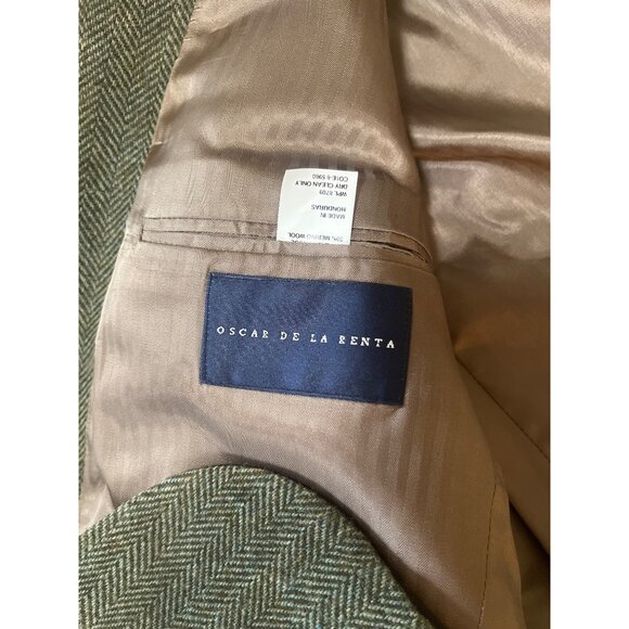 Oscar De La Renta green herring bone lams wool blazer sz 46L single vent 2 butto - Picture 8 of 11